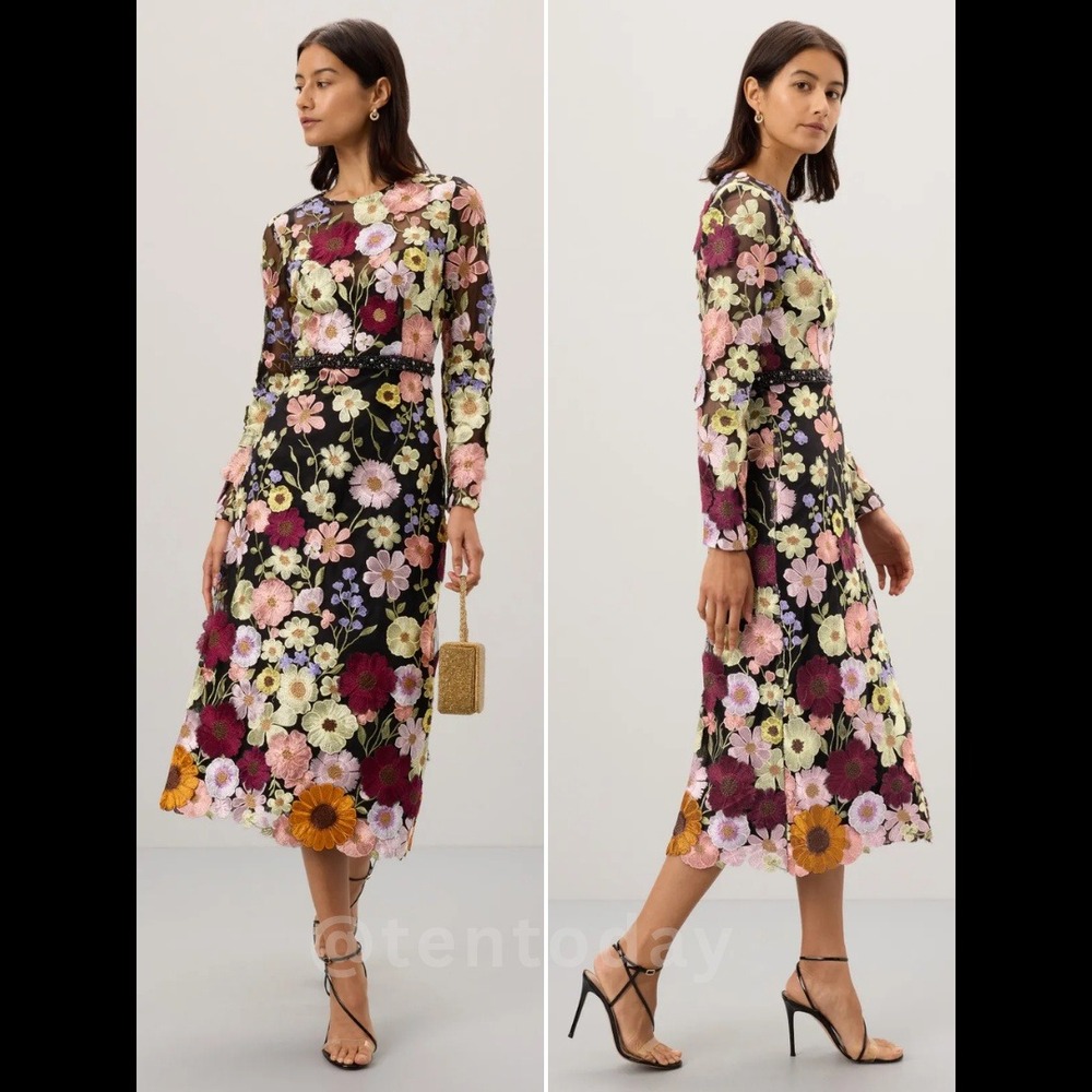 $598 Mac Duggal Size 12 High Neck Black Floral Embroidery Long Sleeve Midi Dress